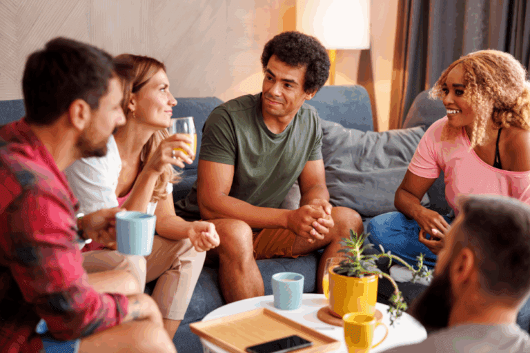 Friends sharing coffee and bonding in a sober living home Los Angeles.